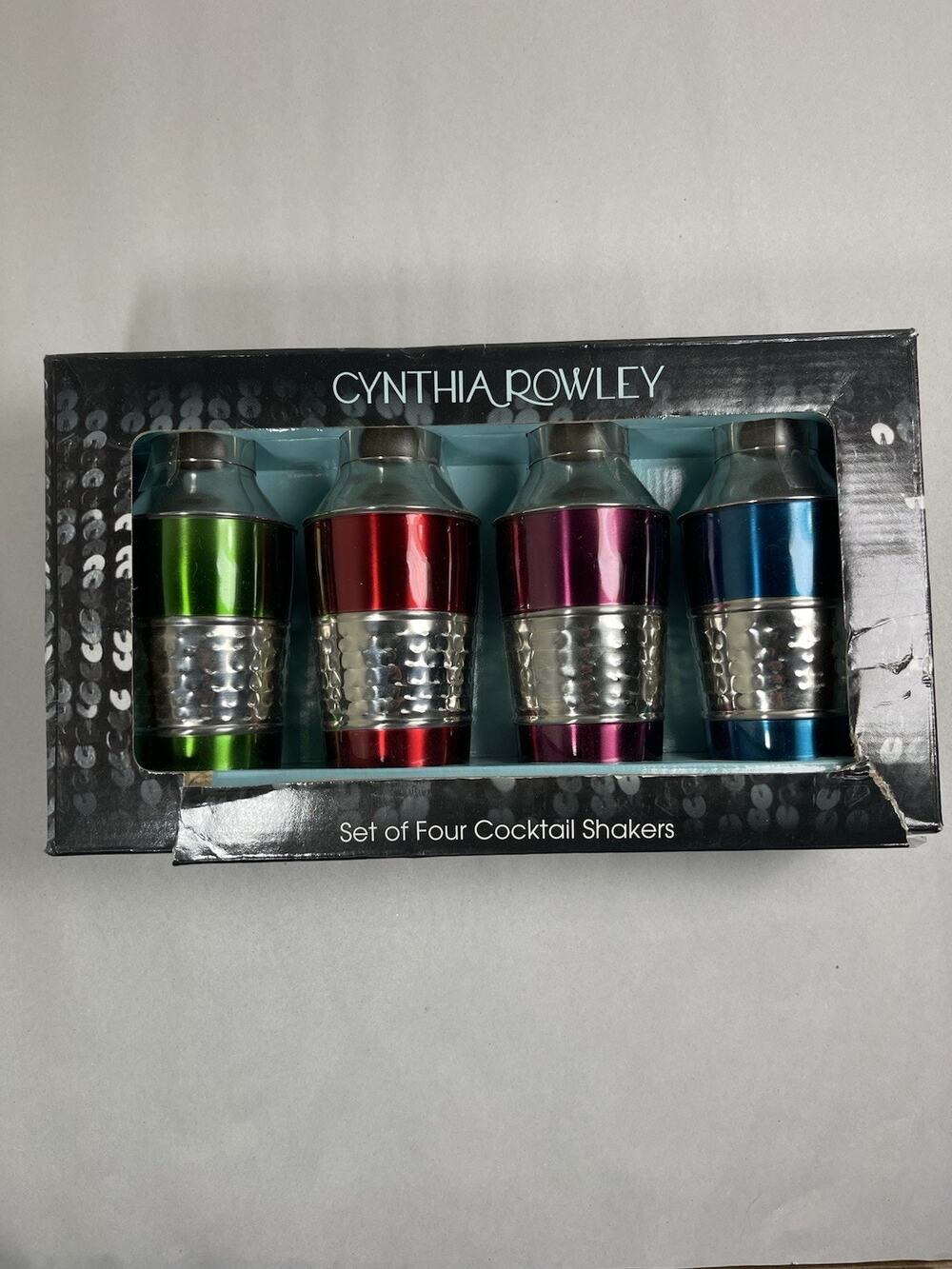 Cynthia Rowley Set of 4 Mini Cocktail Shakers Hammered Metallic Multi-Color
